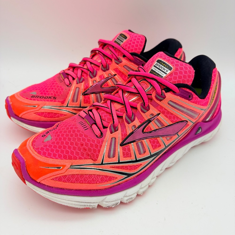 Brooks Transcend Pink Orange Purple Running Shoes Womens 7.5 Stability Neon Road